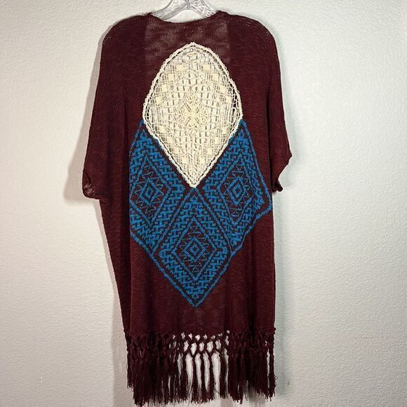 Umgee Burgundy Blue Ethnic Pattern Knitted Fringe Boho Shrugs Women's M/L‎ - Picture 4 of 6